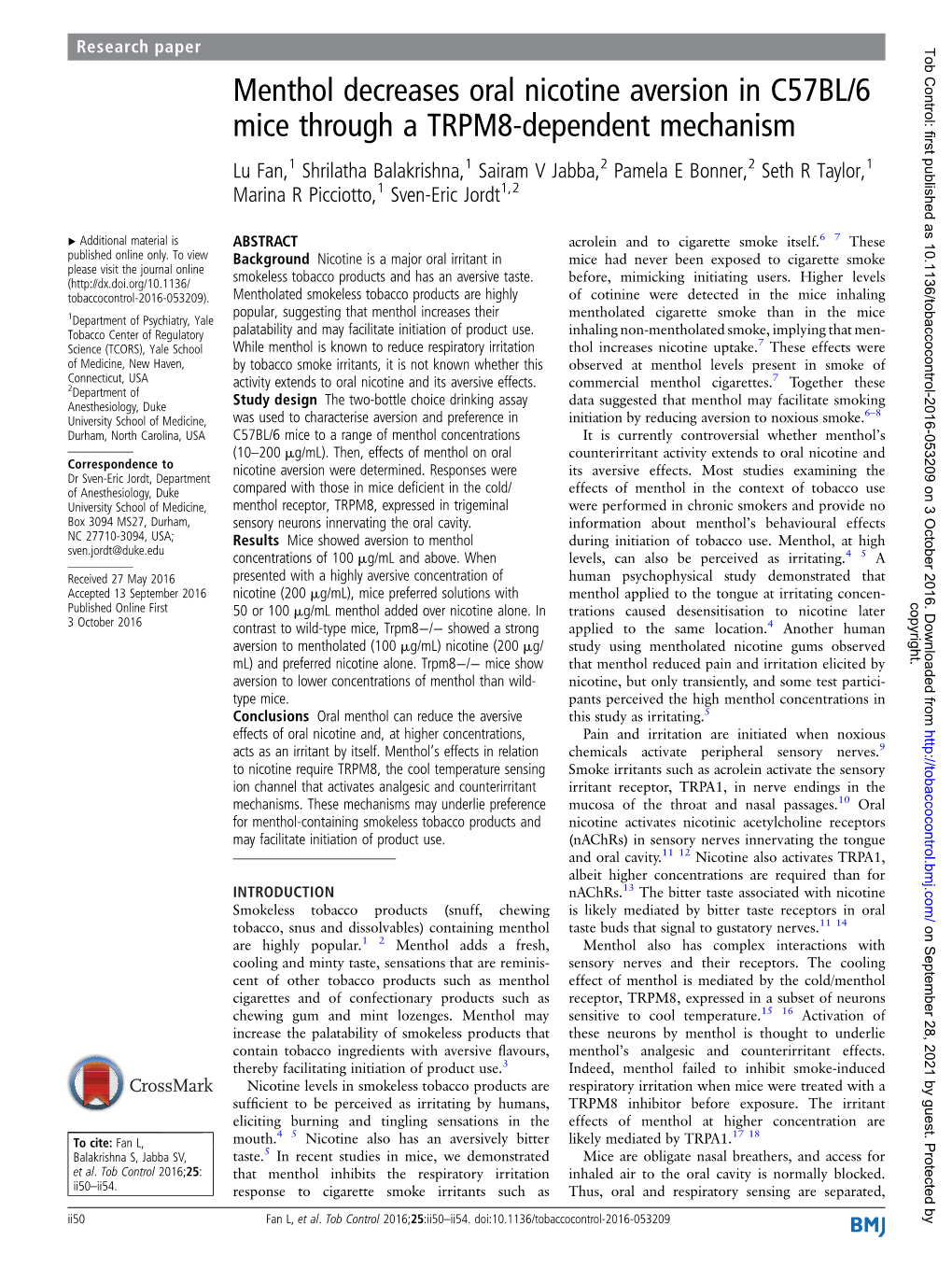 Menthol Decreases Oral Nicotine Aversion in C57BL/6 Mice Through A