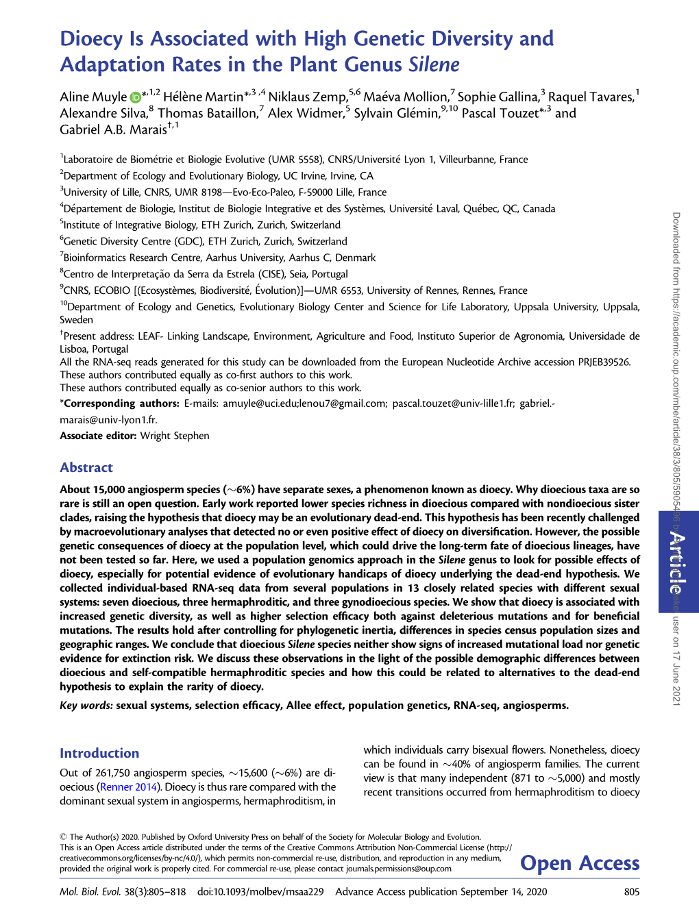 Dioecy Is Associated with High Genetic Diversity and Adaptation