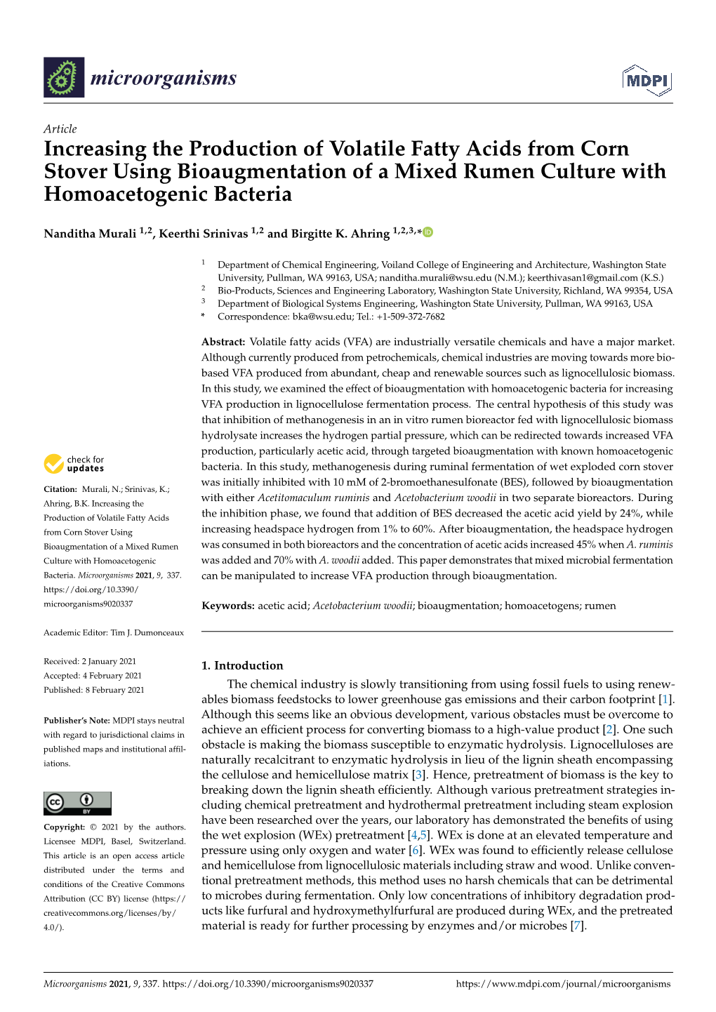 Increasing the Production of Volatile Fatty Acids from Corn Stover Using Bioaugmentation of a Mixed Rumen Culture with Homoacetogenic Bacteria