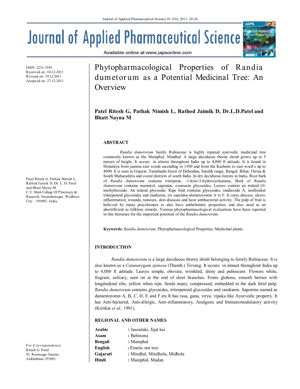 Phytopharmacological Properties of Randia Dumetorum As a Potential