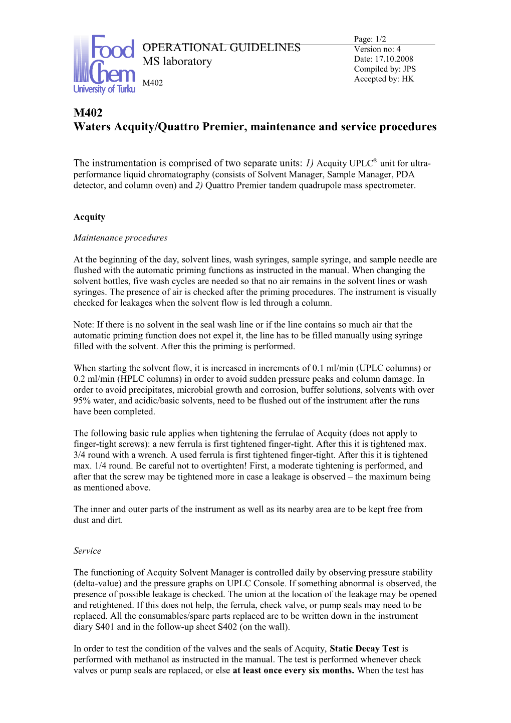 Waters Acquity/Quattro Premier, Maintenance and Service Procedures