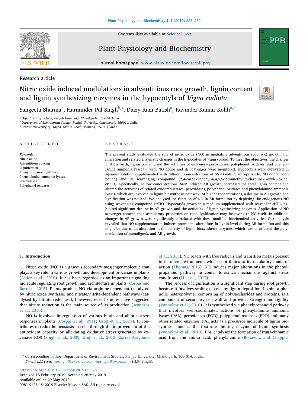 Nitric Oxide Induced Modulations in Adventitious Root Growth, Lignin Content and Lignin Synthesizing Enzymes in the Hypocotyls of Vigna Radiata T