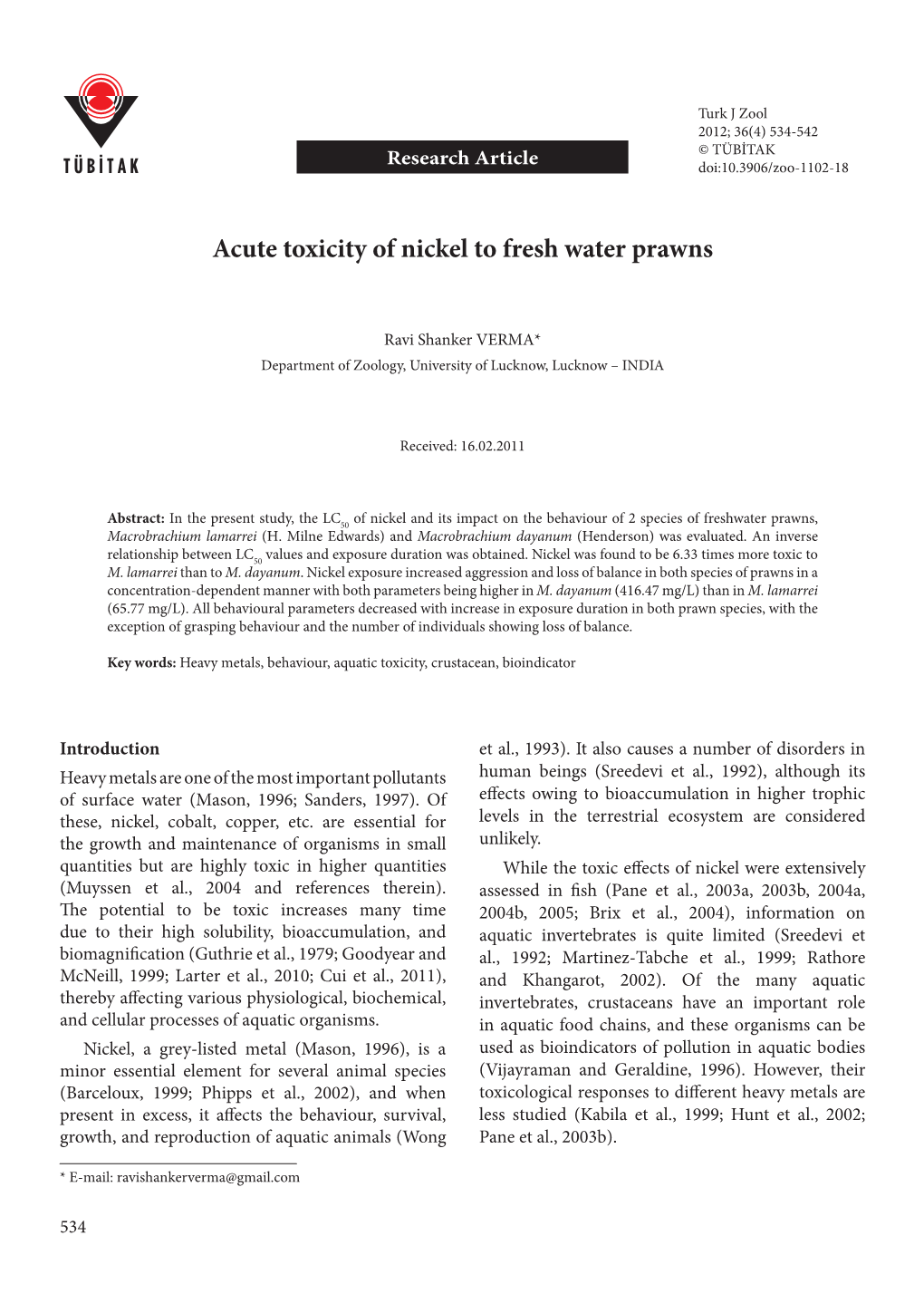 Acute Toxicity of Nickel to Fresh Water Prawns