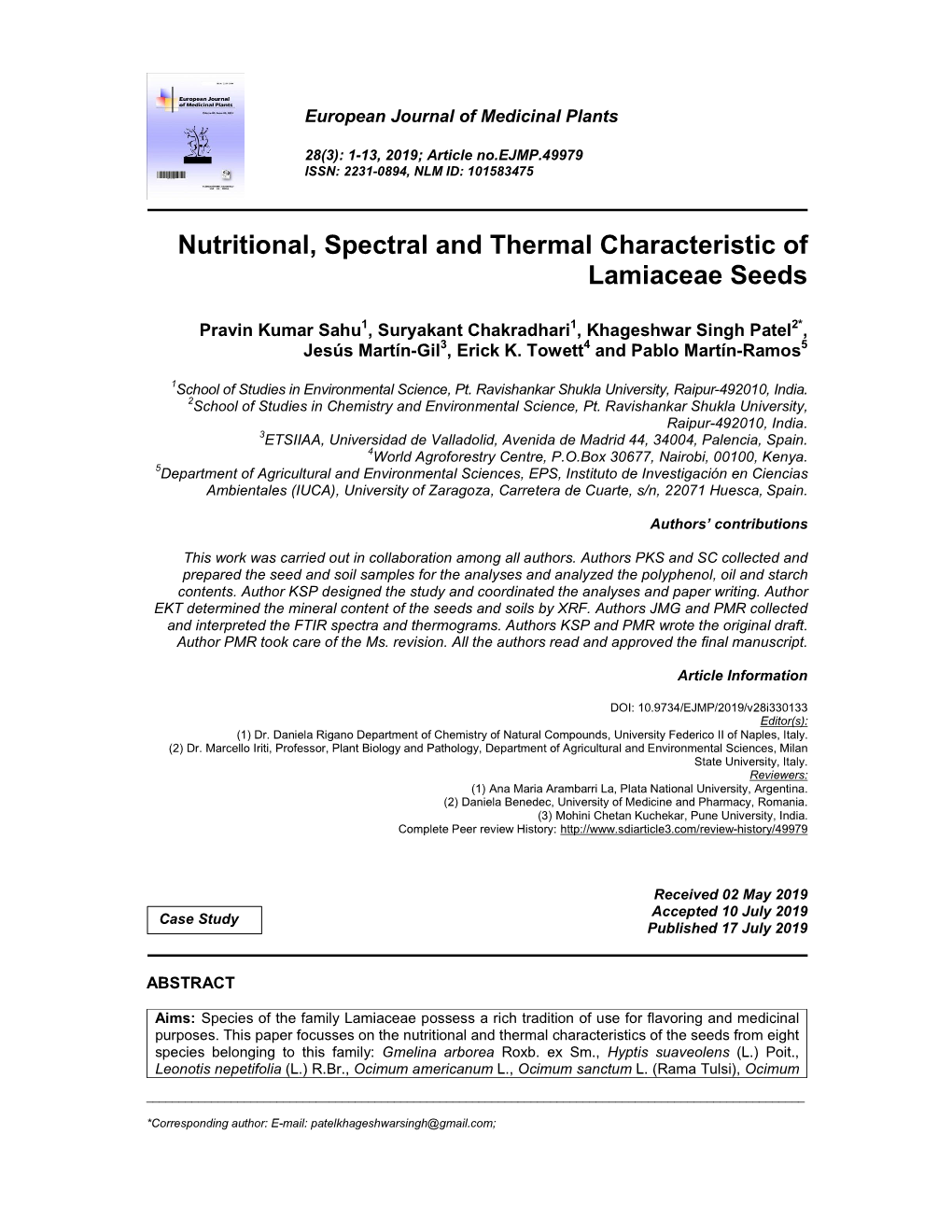 Nutritional, Spectral and Thermal Characteristic of Lamiaceae Seeds