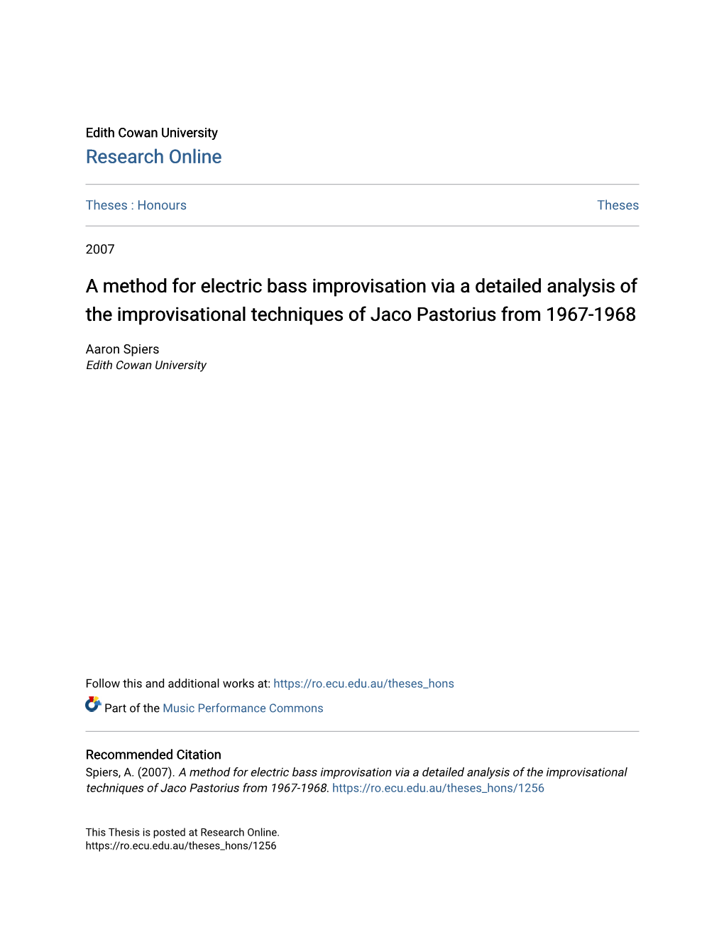 A Method for Electric Bass Improvisation Via a Detailed Analysis of the Improvisational Techniques of Jaco Pastorius from 1967-1968