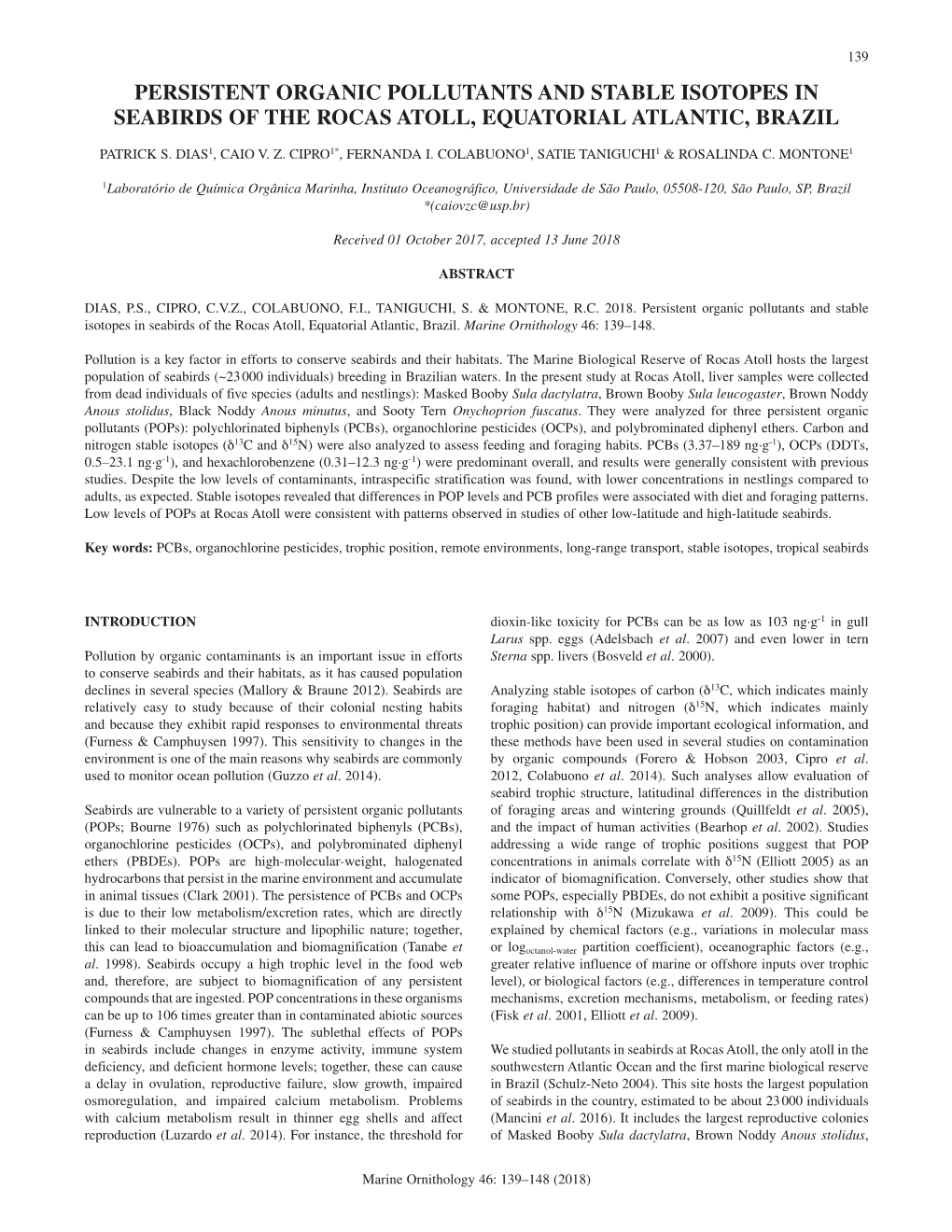 Persistent Organic Pollutants and Stable Isotopes in Seabirds of the Rocas Atoll, Equatorial Atlantic, Brazil