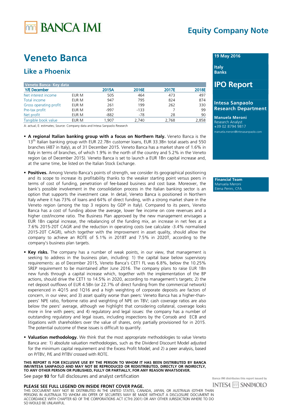 Veneto Banca 19 May 2016 Italy Like a Phoenix Banks