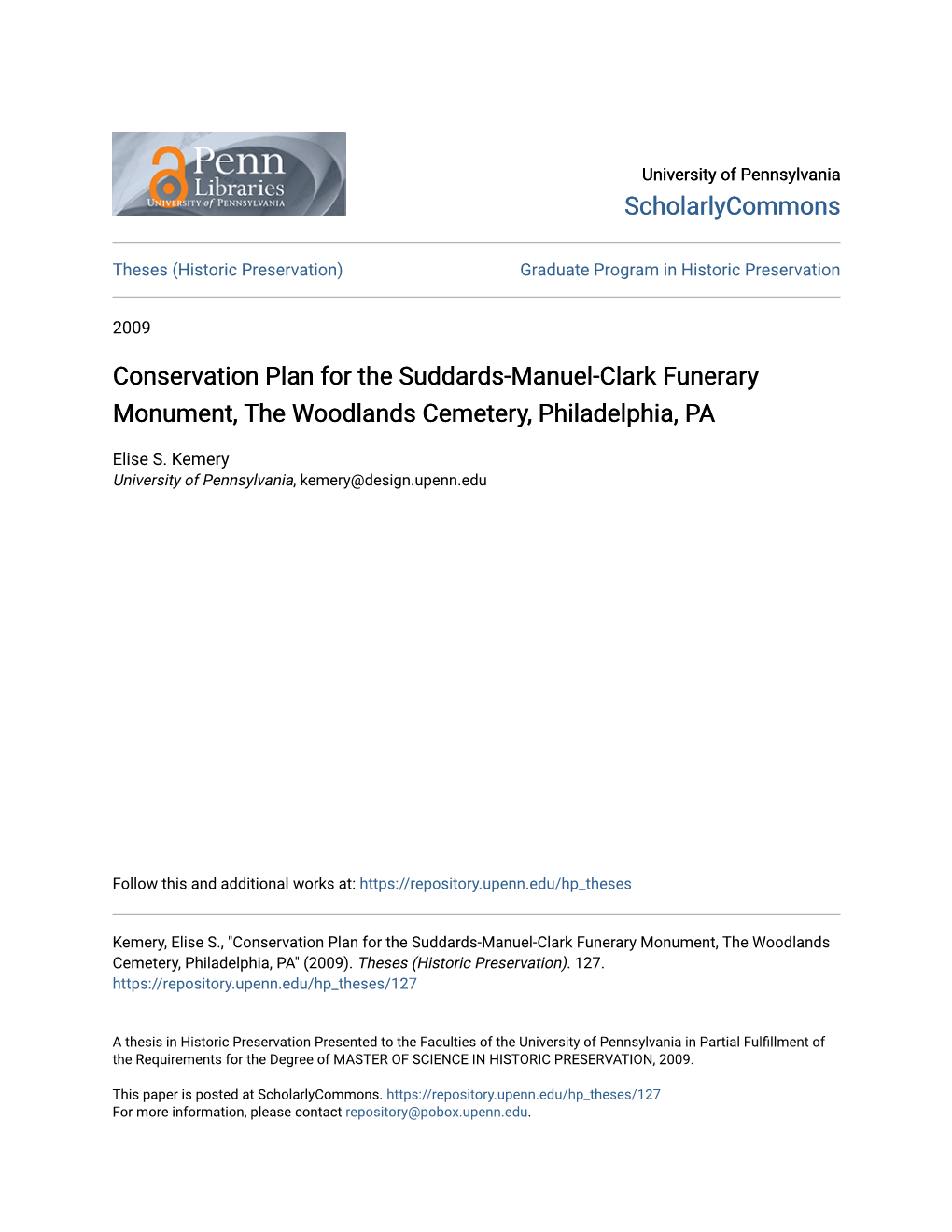 Conservation Plan for the Suddards-Manuel-Clark Funerary Monument, the Woodlands Cemetery, Philadelphia, PA