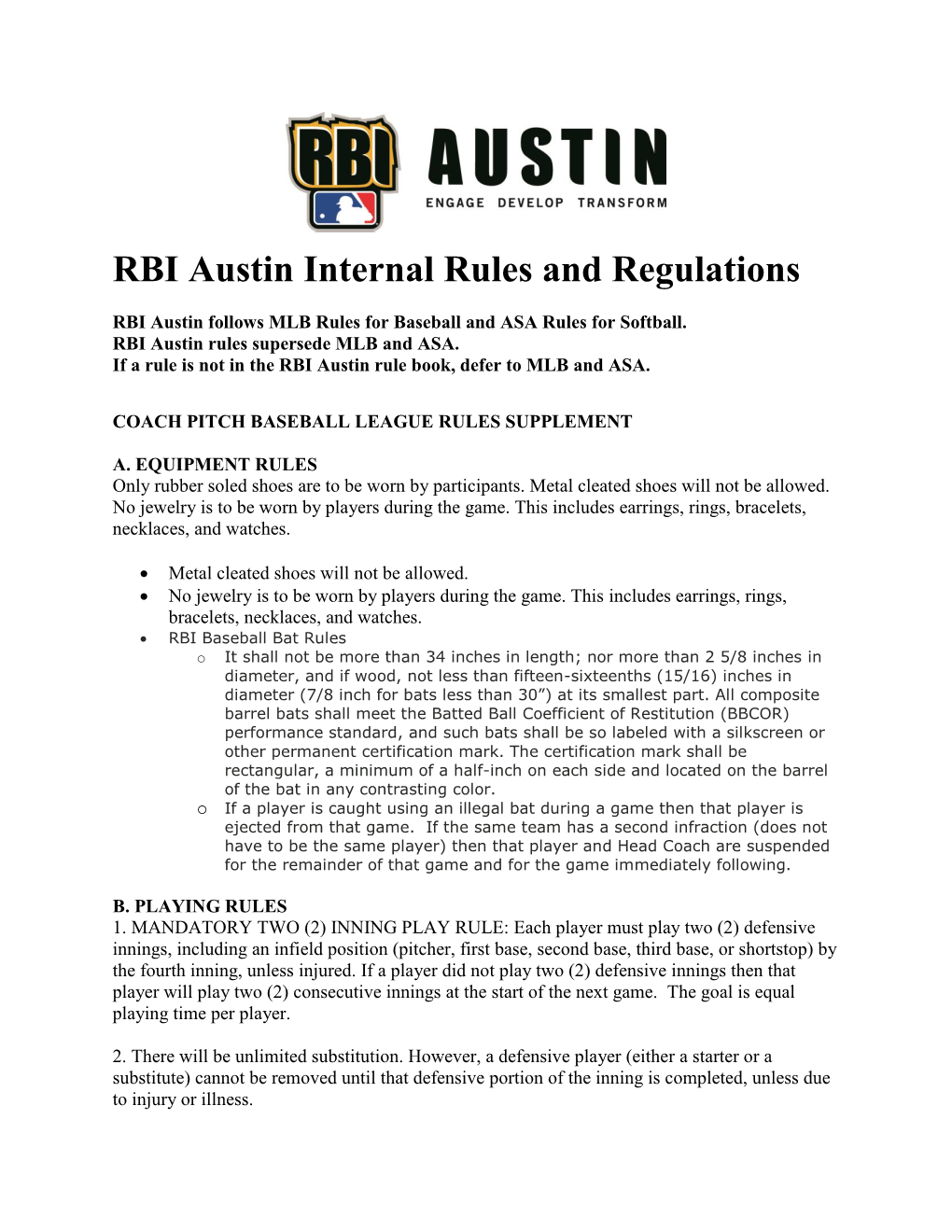 RBI Austin Internal Rules and Regulations