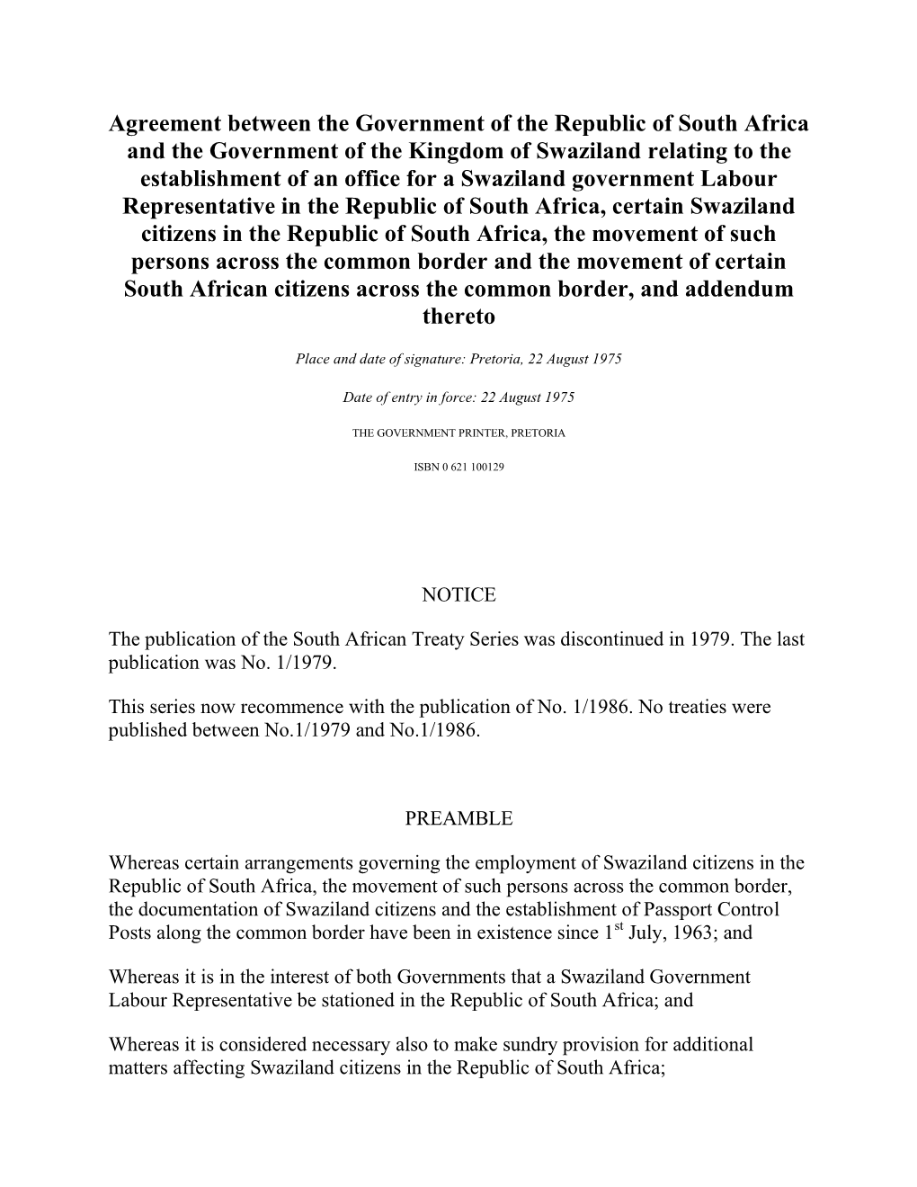 Agreement Between the Government of the Republic of South Africa And