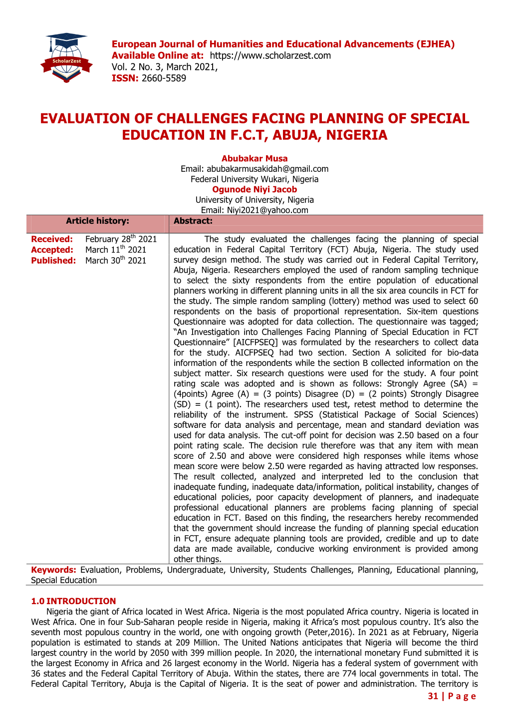 Evaluation of Challenges Facing Planning of Special Education in F.C.T, Abuja, Nigeria