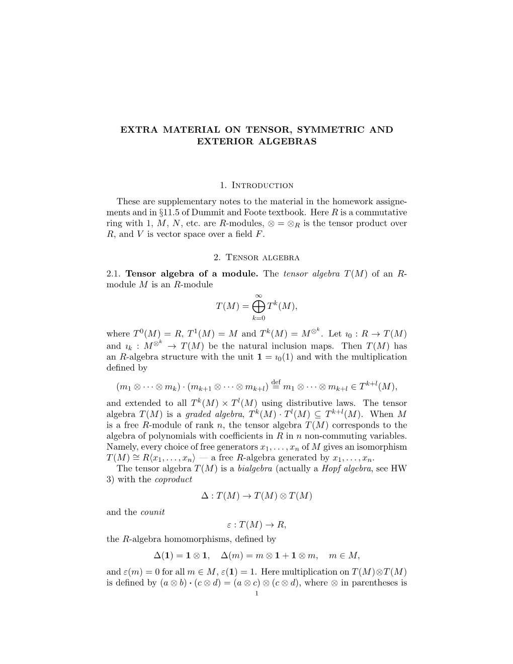 Extra Material on Tensor, Symmetric and Exterior Algebras