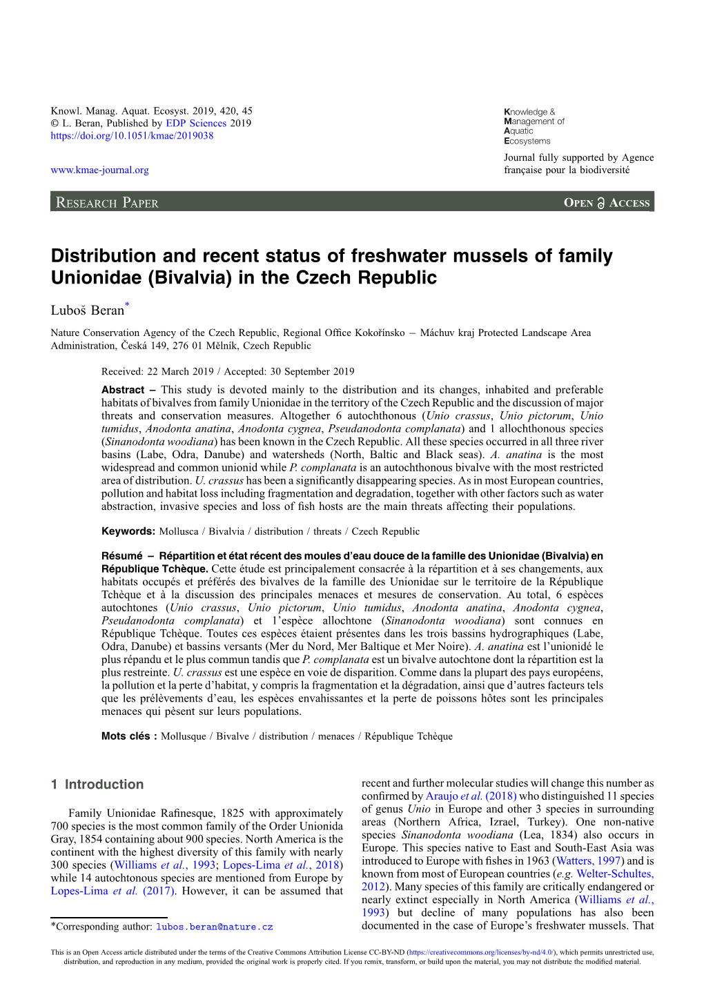 Distribution and Recent Status of Freshwater Mussels of Family Unionidae (Bivalvia) in the Czech Republic