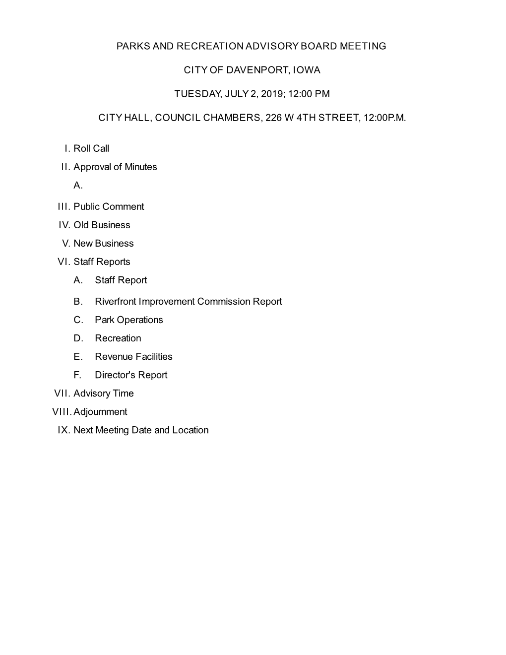 Parks and Recreation Advisory Board Meeting City