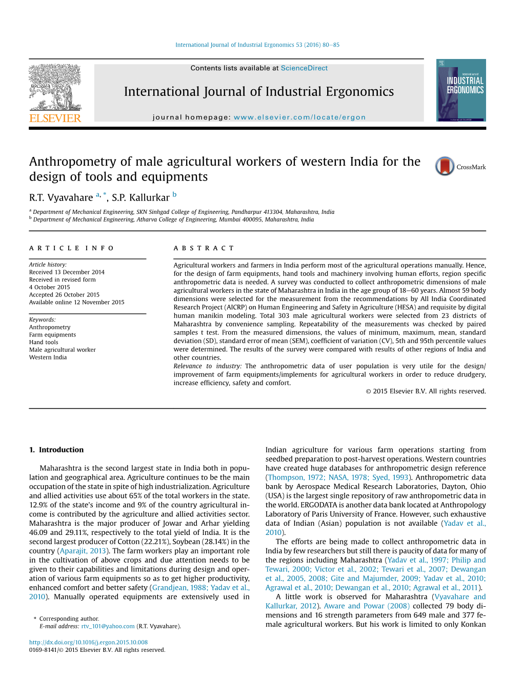 Anthropometry of Male Agricultural Workers of Western India for the Design of Tools and Equipments