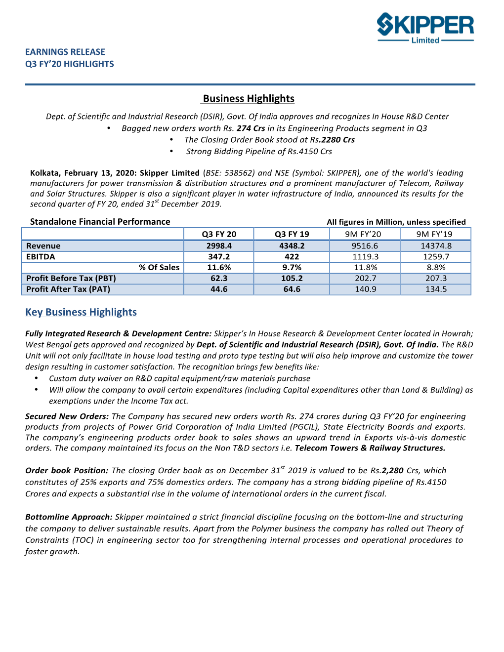 Earnings Release Q3 Fy'20 Highlights