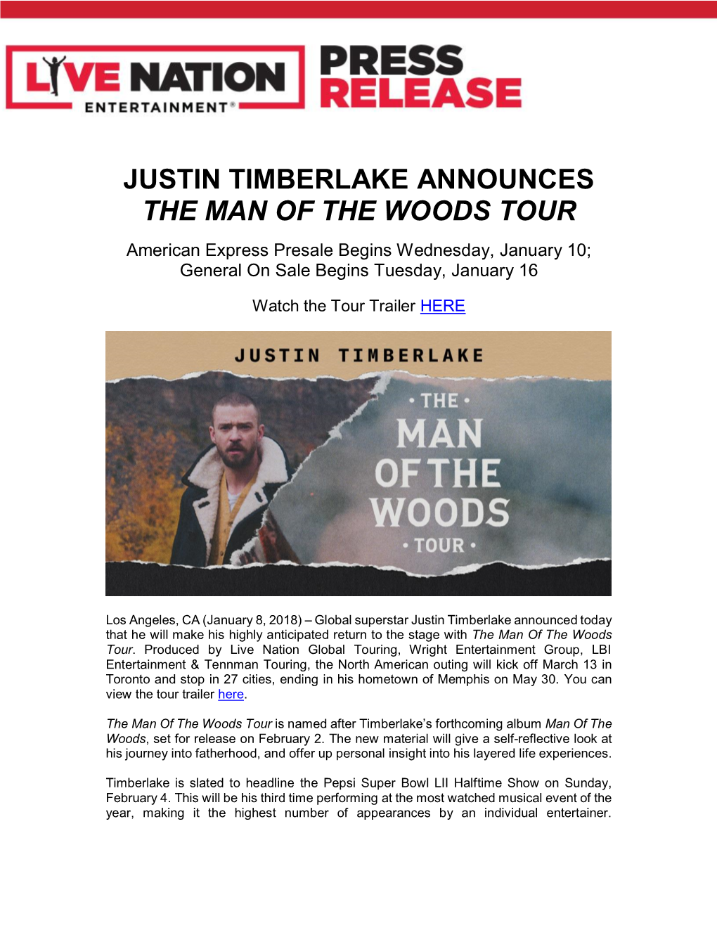 Justin Timberlake Announces the Man of the Woods Tour