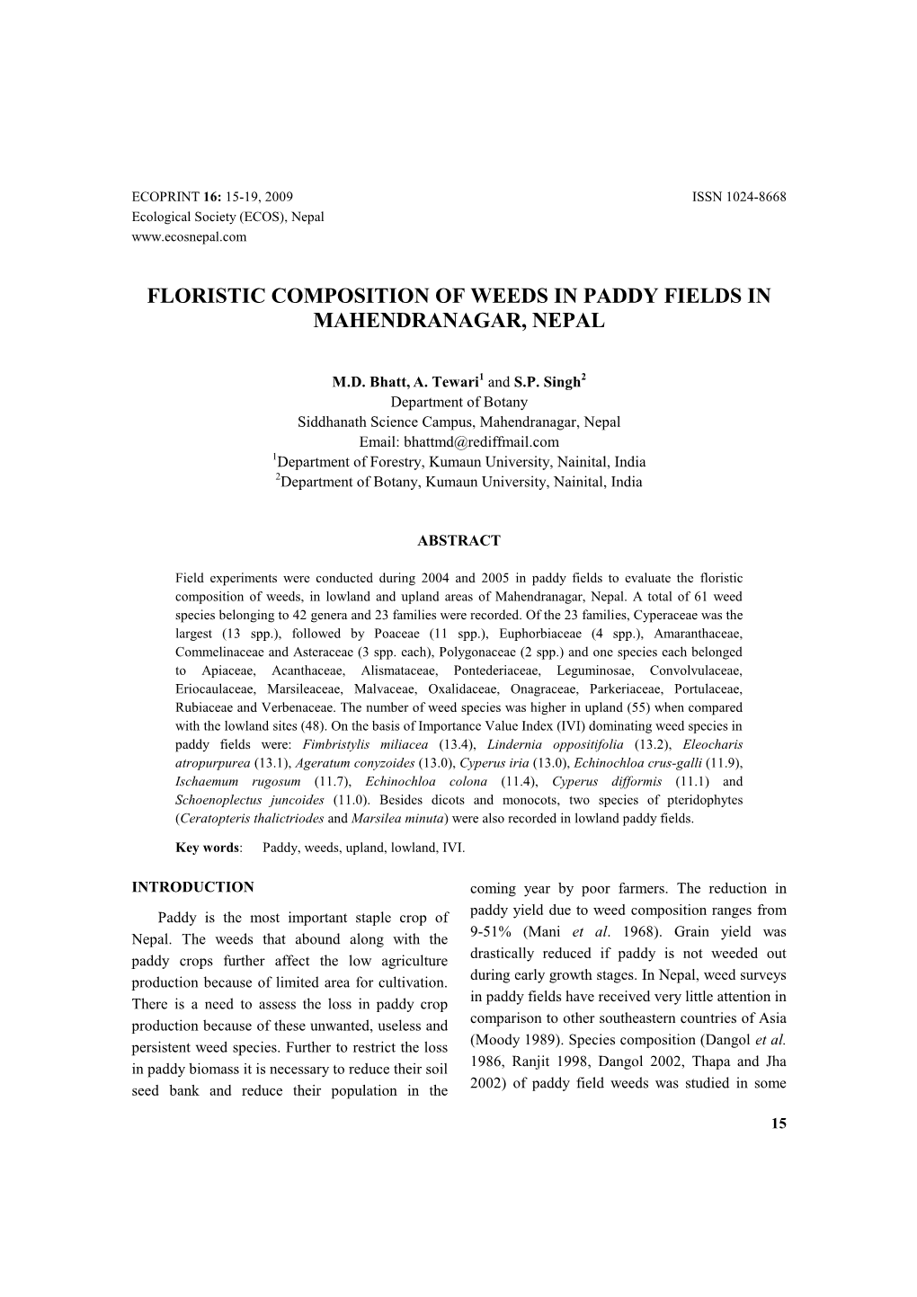 Floristic Composition of Weeds in Paddy Fields in Mahendranagar, Nepal