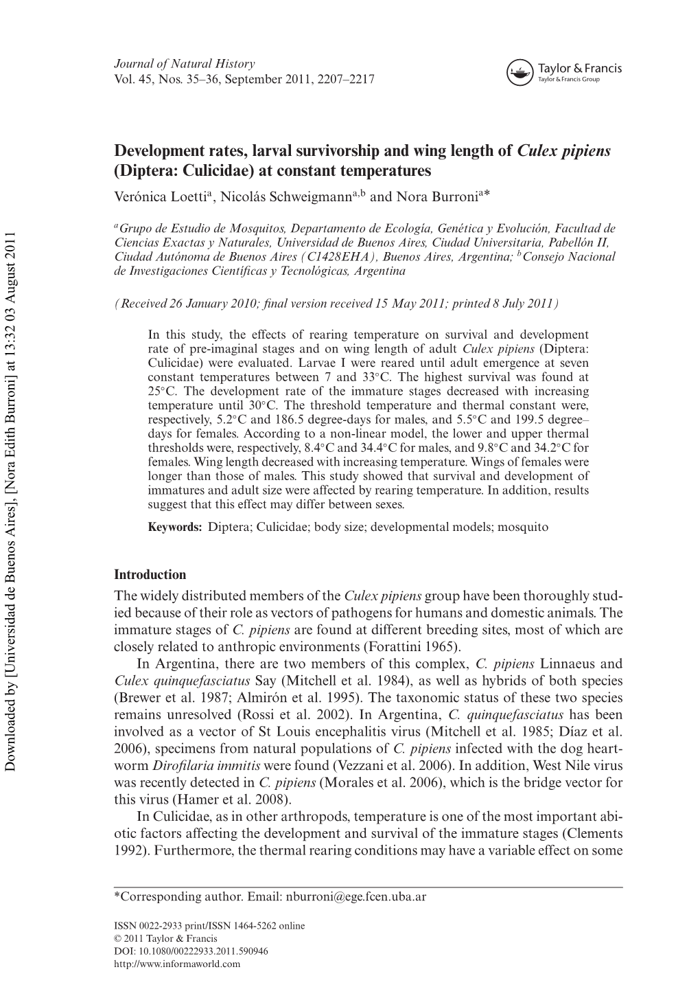 Development Rates, Larval Survivorship and Wing Length of Culex Pipiens