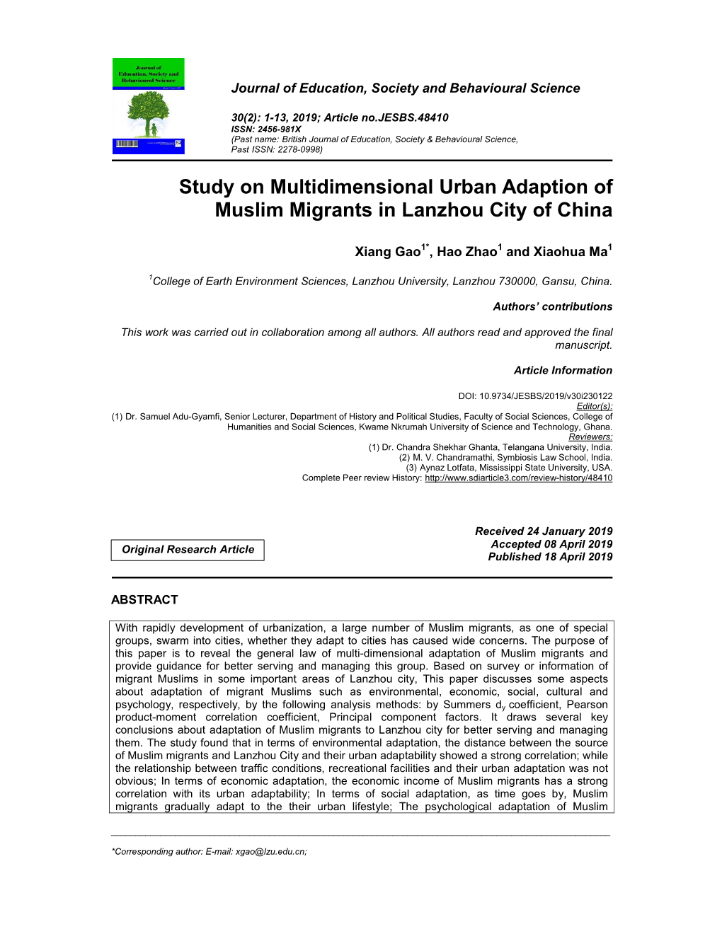Study on Multidimensional Urban Adaption of Muslim Migrants in Lanzhou City of China