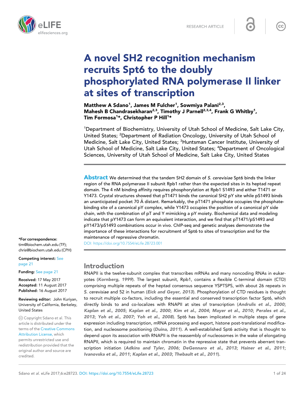 A Novel SH2 Recognition Mechanism Recruits Spt6 to the Doubly