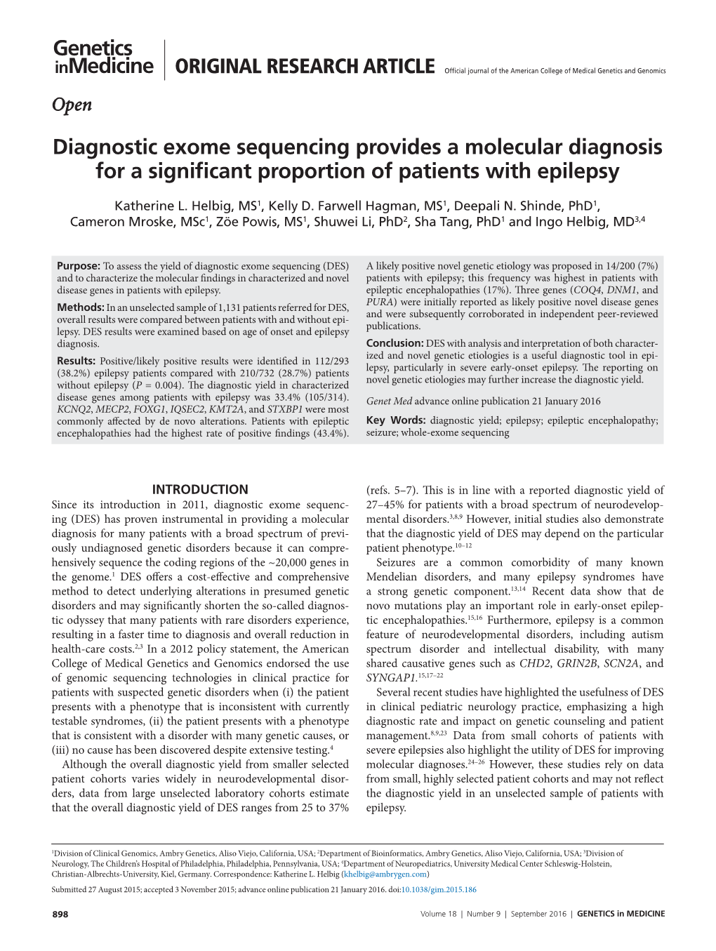 Diagnostic Exome Sequencing Provides a Molecular Diagnosis for a Significant Proportion of Patients with Epilepsy