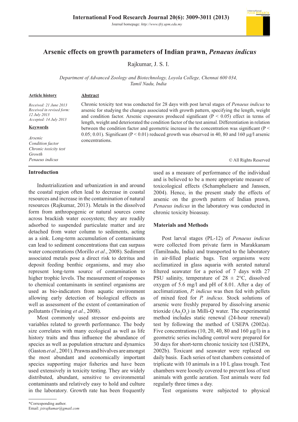 Arsenic Effects on Growth Parameters of Indian Prawn, Penaeus Indicus Rajkumar, J