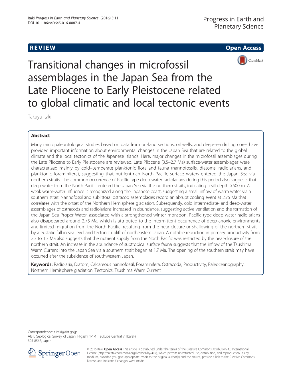Transitional Changes in Microfossil Assemblages in the Japan Sea from the Late Pliocene to Early Pleistocene Related to Global C