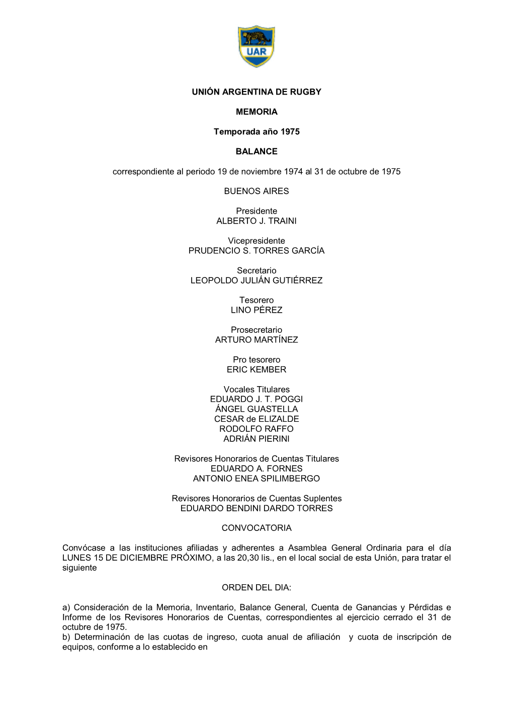 UNIÓN ARGENTINA DE RUGBY MEMORIA Temporada Año 1975