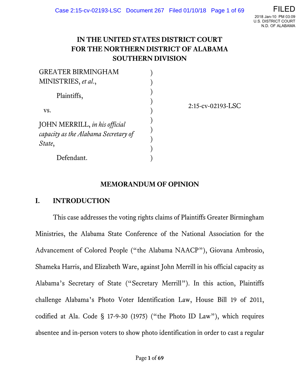 In the United States District Court for the Northern District of Alabama Southern Division