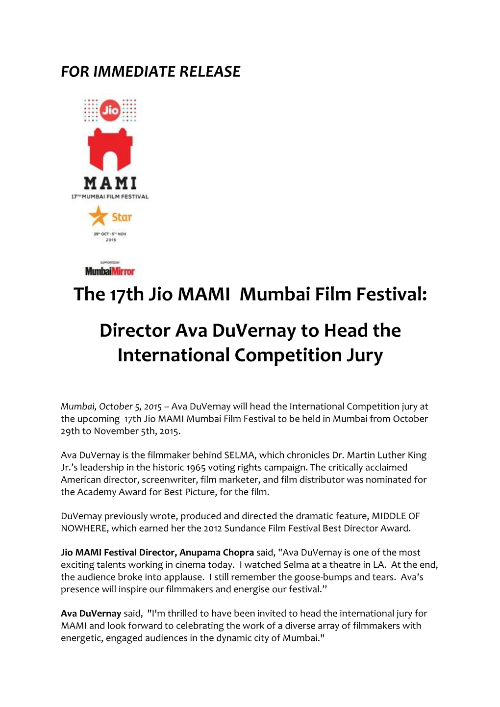 The 17Th Jio MAMI Mumbai Film Festival: Director Ava Duvernay to Head The