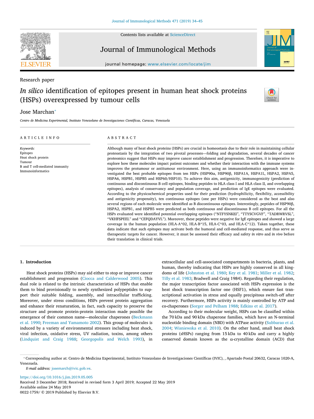 Journal of Immunological Methods in Silico Identification of Epitopes