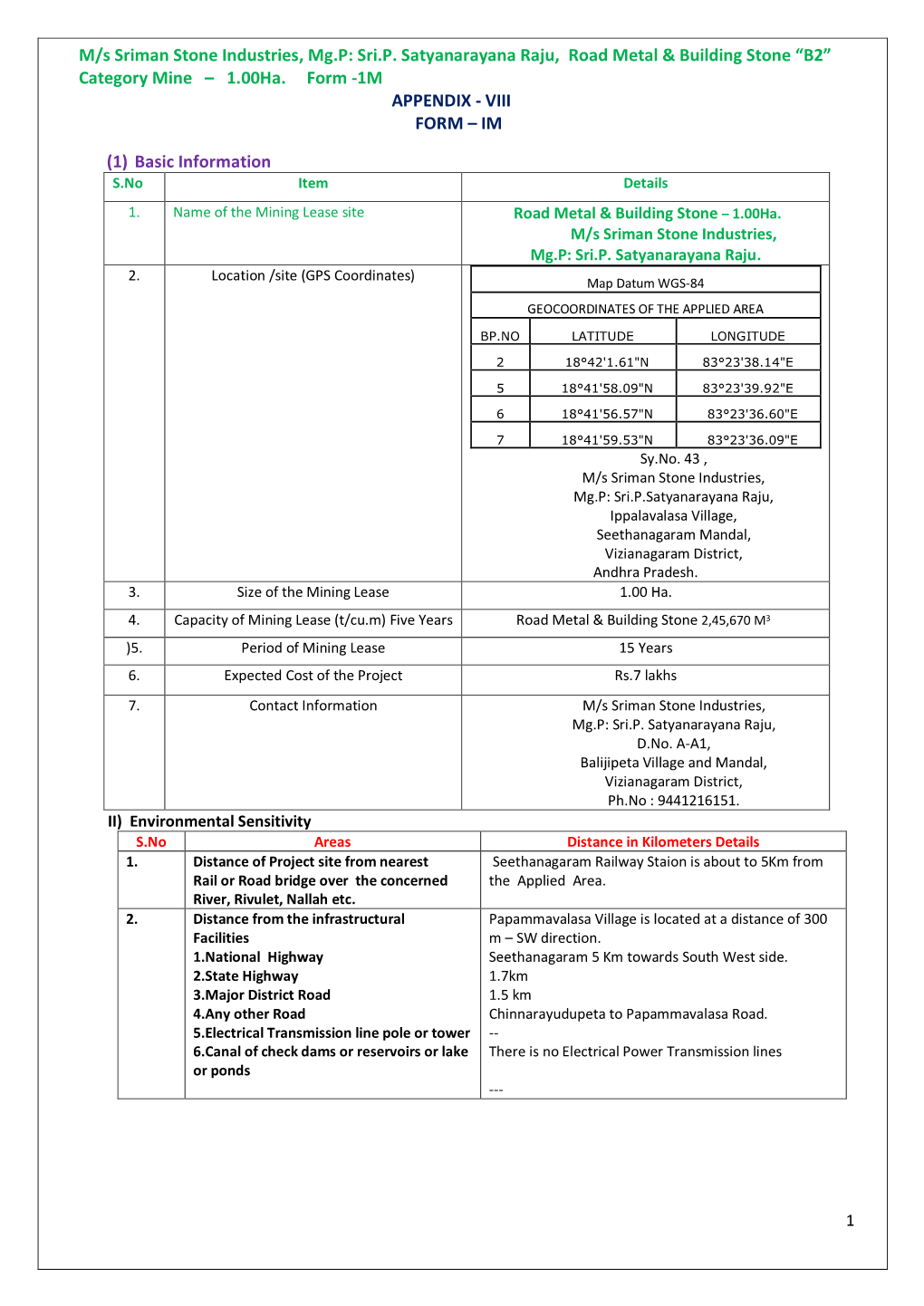 Sri.P. Satyanarayana Raju, Road Metal & Building Stone