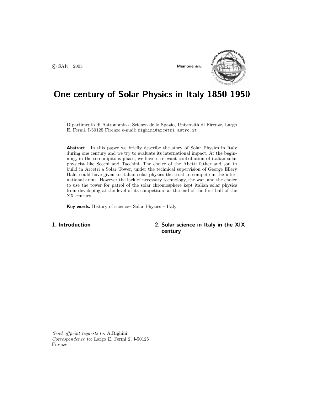 One Century of Solar Physics in Italy 1850-1950
