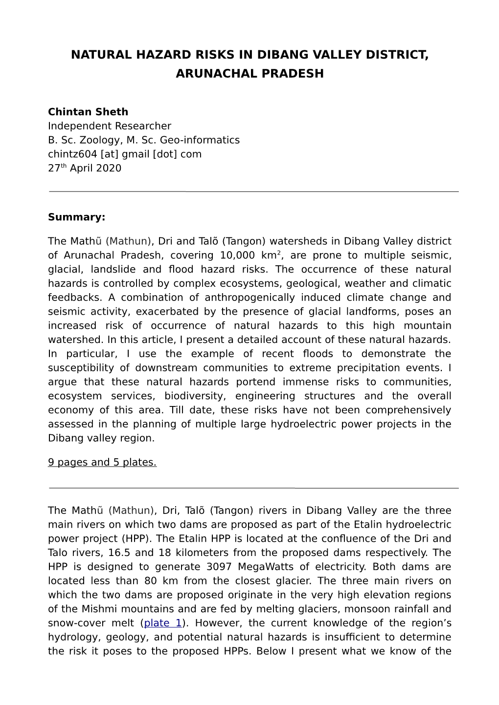 Natural Hazard Risks in Dibang Valley District, Arunachal Pradesh