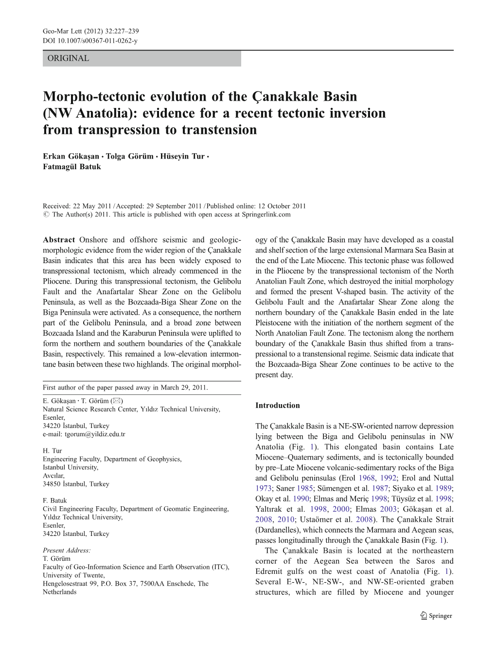 Morpho-Tectonic Evolution of the Çanakkale Basin (NW Anatolia): Evidence for a Recent Tectonic Inversion from Transpression to Transtension
