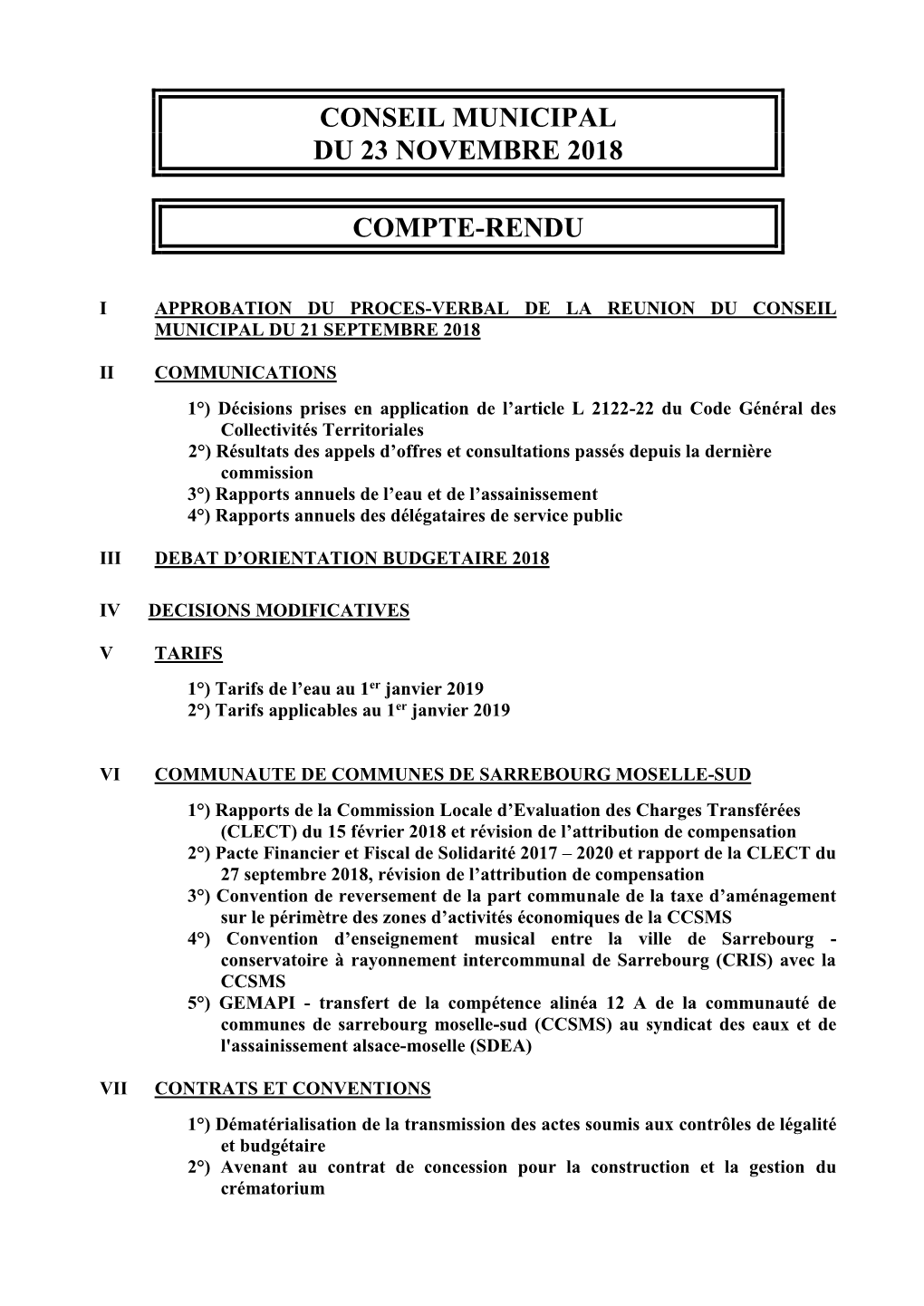 Conseil Municipal Du 23 Novembre 2018