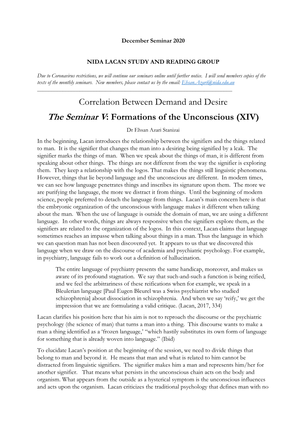 Correlation Between Demand and Desire the Seminar V: Formations