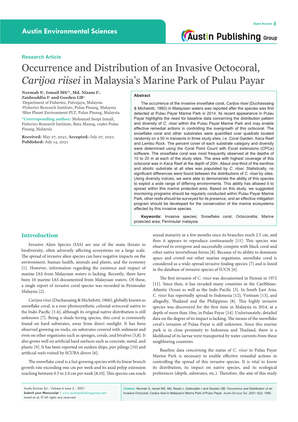 Occurrence and Distribution of an Invasive Octocoral, Carijoa Riisei in Malaysia's Marine Park of Pulau Payar