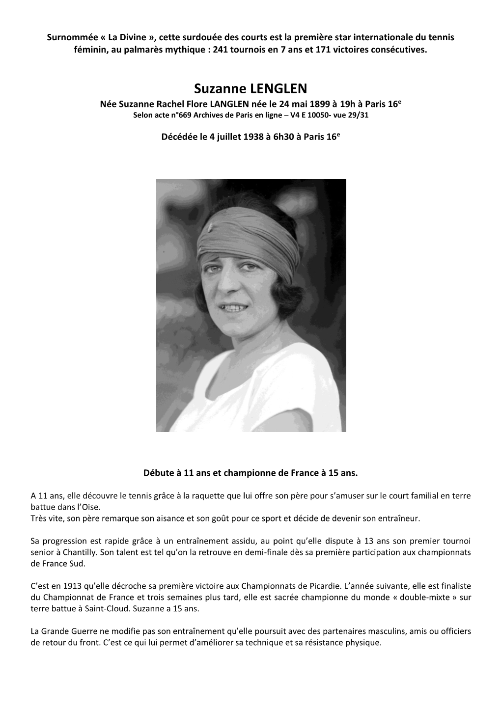 Suzanne LENGLEN Née Suzanne Rachel Flore LANGLEN Née Le 24 Mai 1899 À 19H À Paris 16E Selon Acte N°669 Archives De Paris En Ligne – V4 E 10050- Vue 29/31