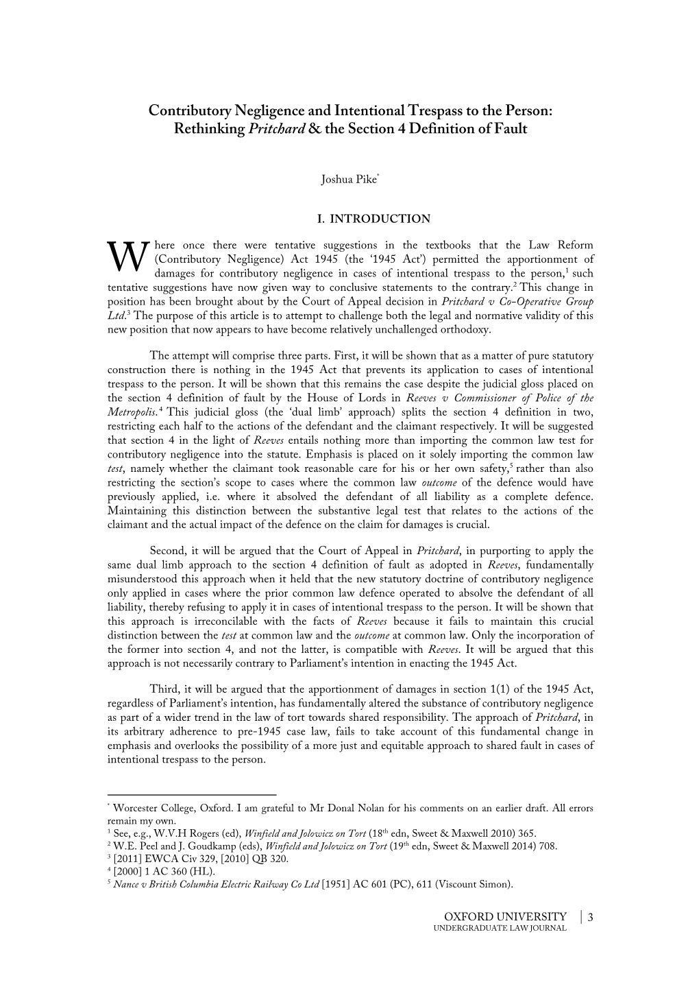 Contributory Negligence and Intentional Trespass to the Person: Rethinking Pritchard & the Section 4 Definition of Fault