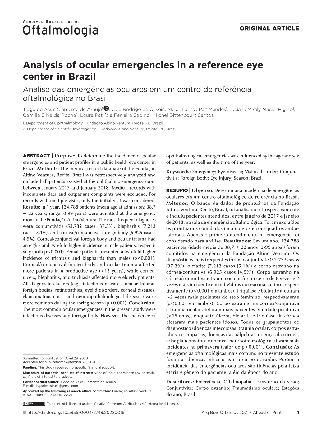 Analysis of Ocular Emergencies in a Reference Eye Center in Brazil