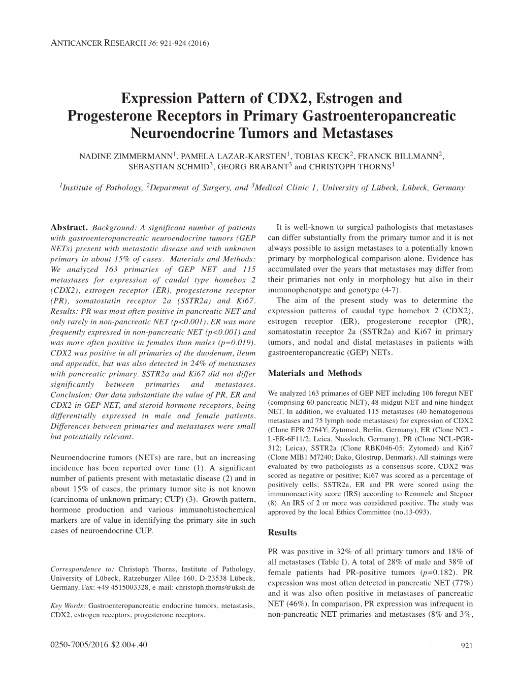 Expression Pattern of CDX2, Estrogen and Progesterone Receptors in Primary Gastroenteropancreatic Neuroendocrine Tumors and Metastases