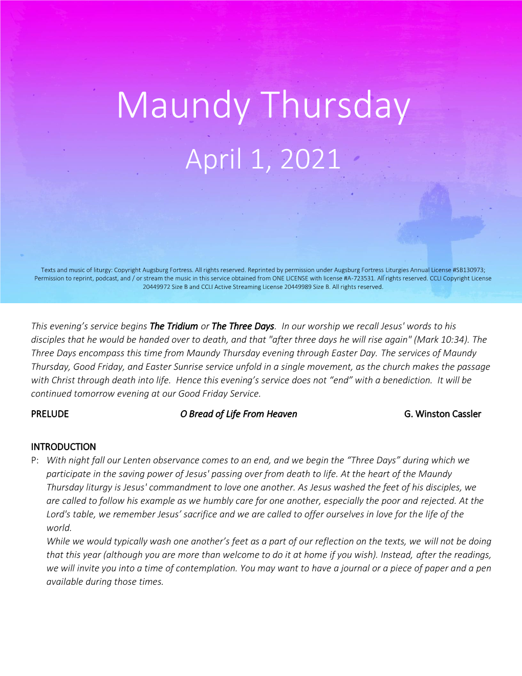 Maundy Thursday April 1, 2021
