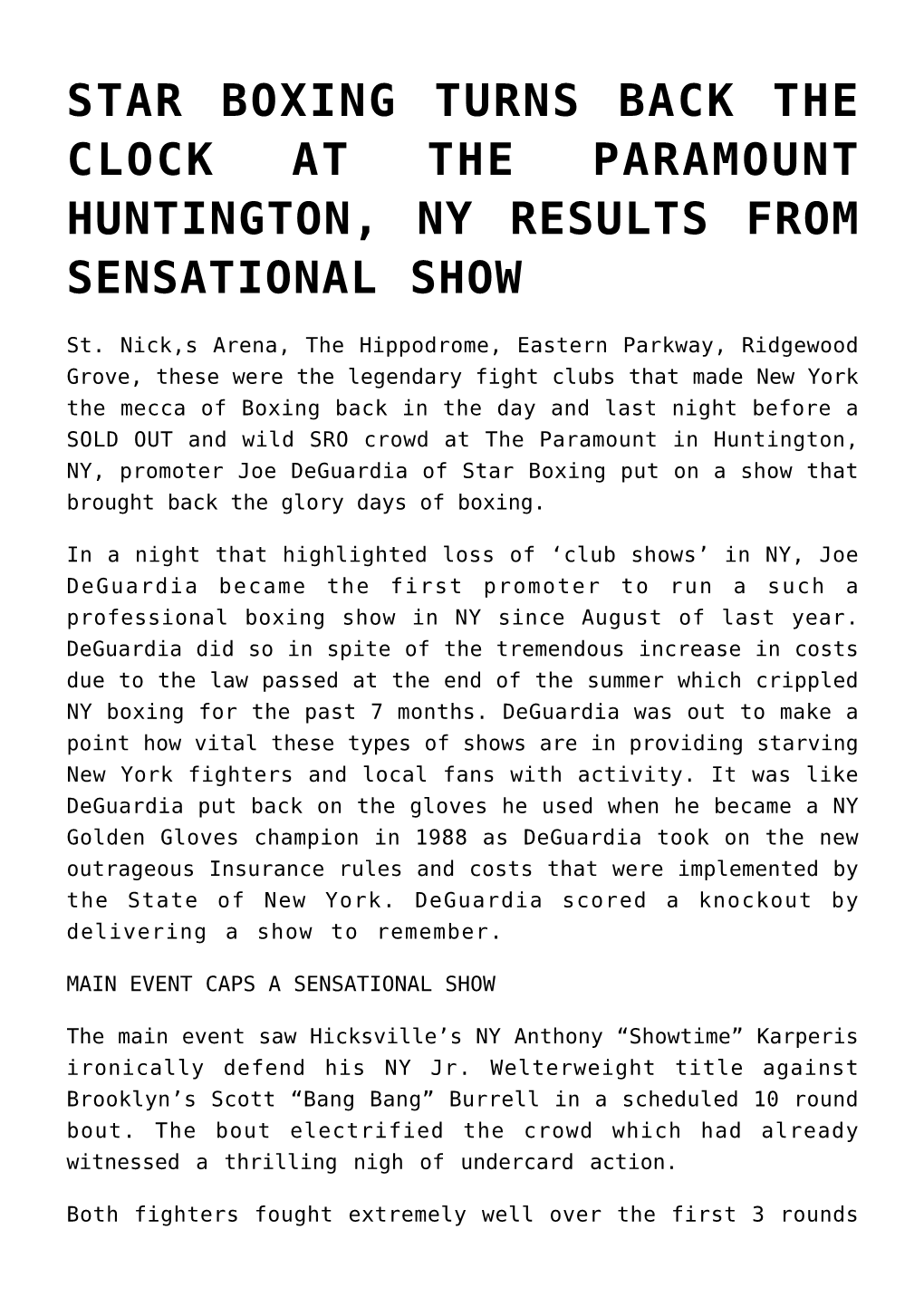 Star Boxing Turns Back the Clock at the Paramount Huntington, Ny Results from Sensational Show