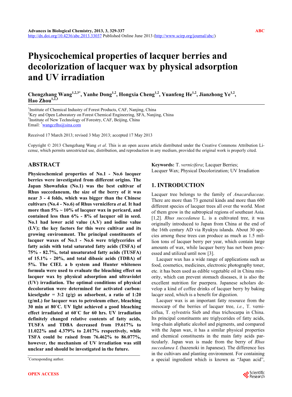 Physicochemical Properties of Lacquer Berries and Decolorization of Lacquer Wax by Physical Adsorption and UV Irradiation