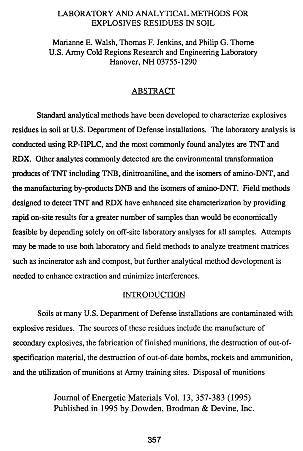 Laboratory and Analytical Methods for Explosives Residues in Soil