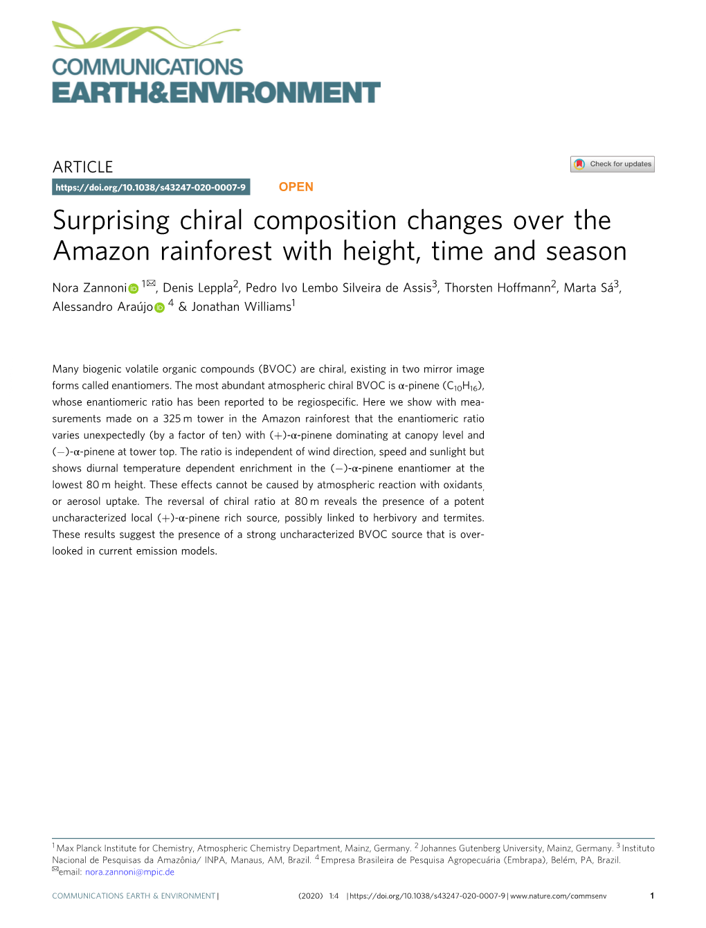 Surprising Chiral Composition Changes Over the Amazon Rainforest with Height, Time and Season