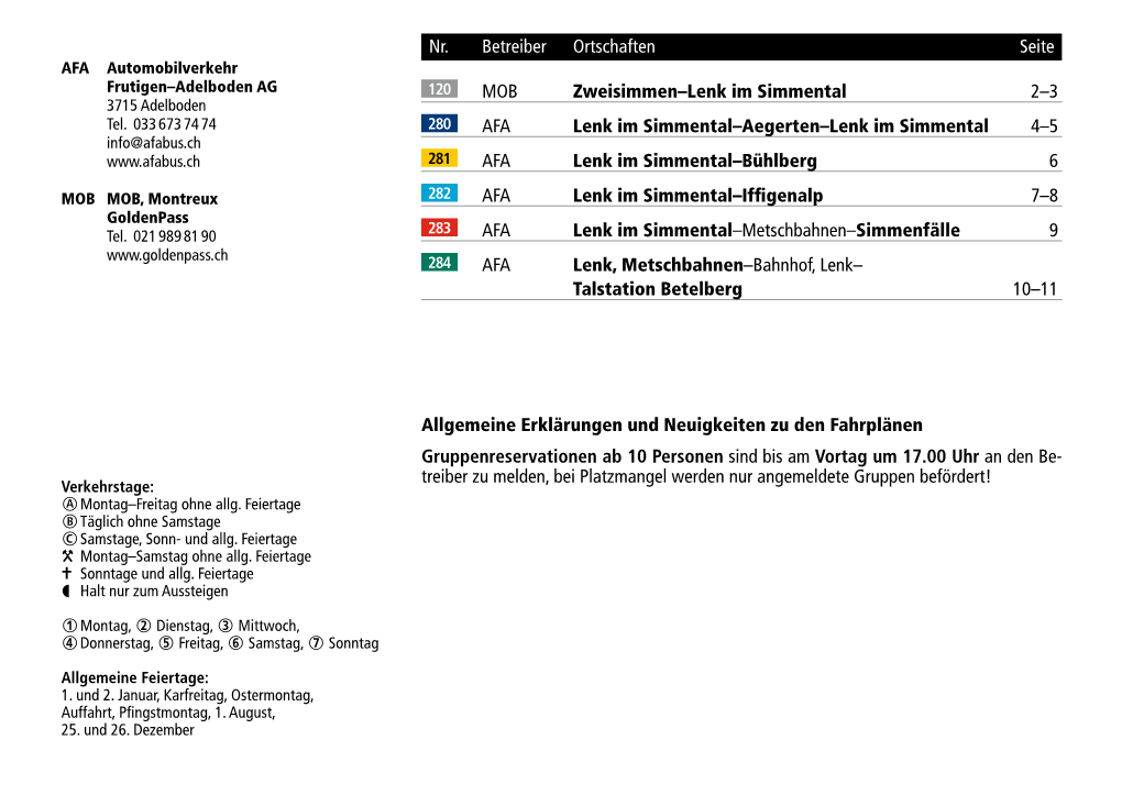 Nr. Betreiber Ortschaften Seite MOB Zweisimmen–Lenk Im Simmental 2