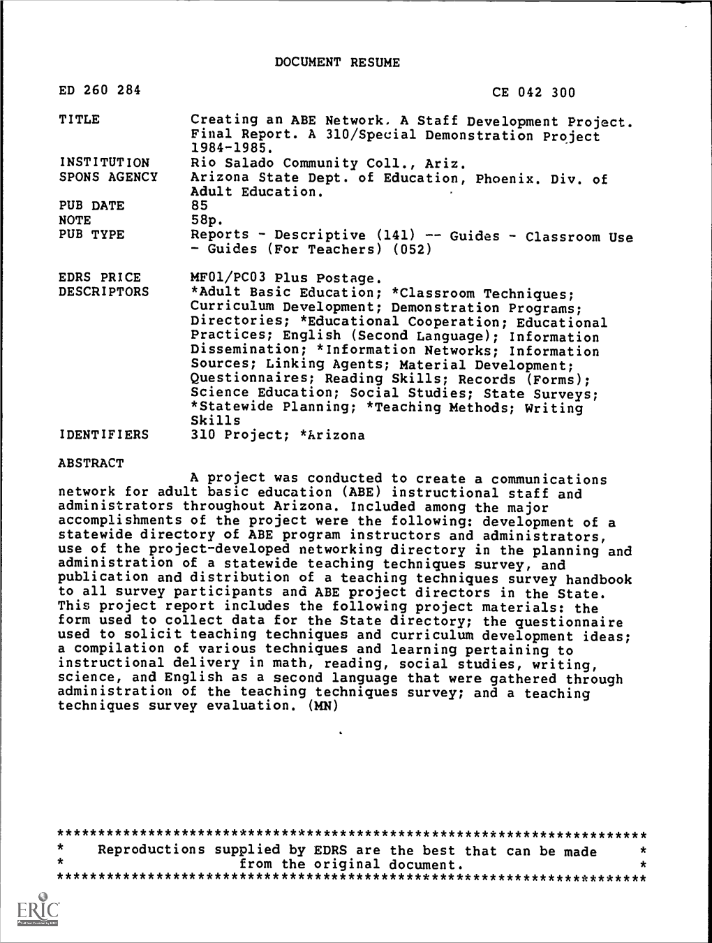 DOCUMENT RESUME CE 042 300 Creating an ABE Network. a Staff